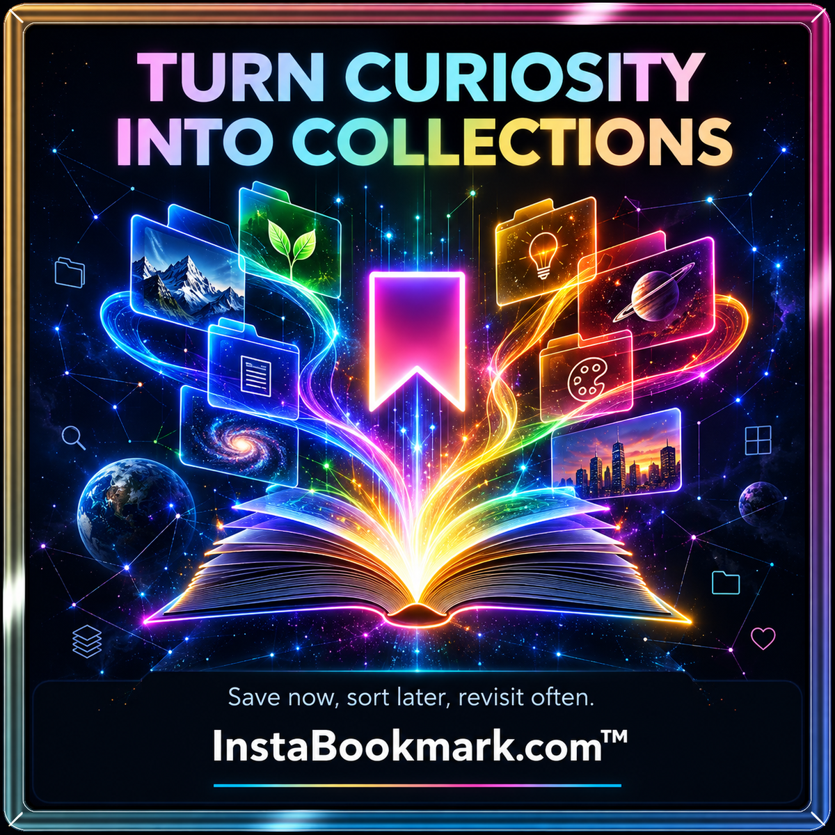 Turn curiosity into collections: rainbow light trails, floating bookmarks and a luminous digital library, branded InstaBookmark.com.