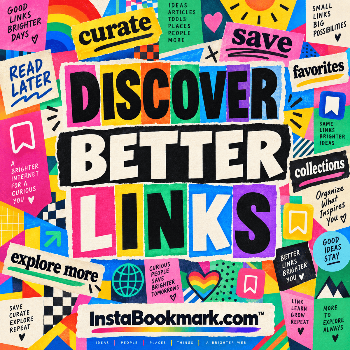 Discover better links: a rainbow cut-paper mosaic of bold bookmarking typography, branded InstaBookmark.com.