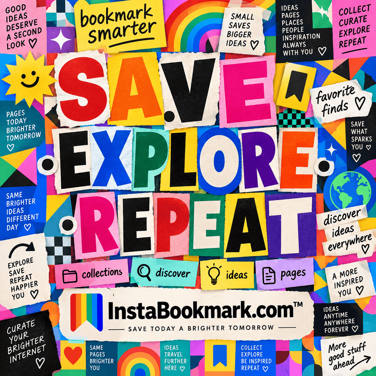 Save, explore, repeat: a rainbow cut-paper mosaic of bold bookmarking typography, branded InstaBookmark.com.